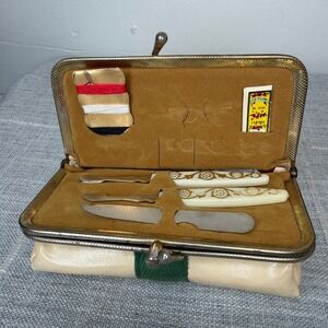 Vintage Manicure Sewing Kit Coin Purse with Mirror Double Kiss Lock
